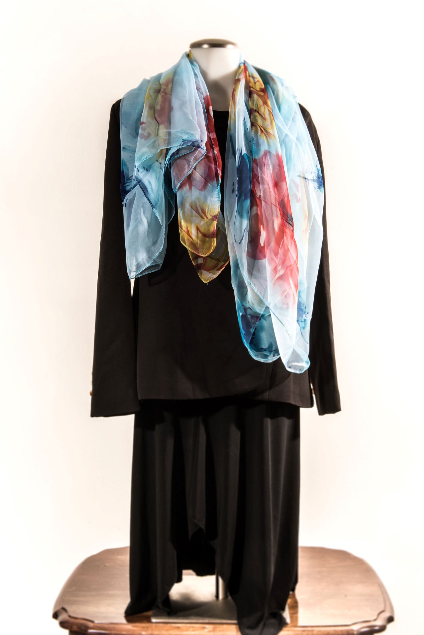 Aqua Blue Silk Scarf with Multi-Colored Florals