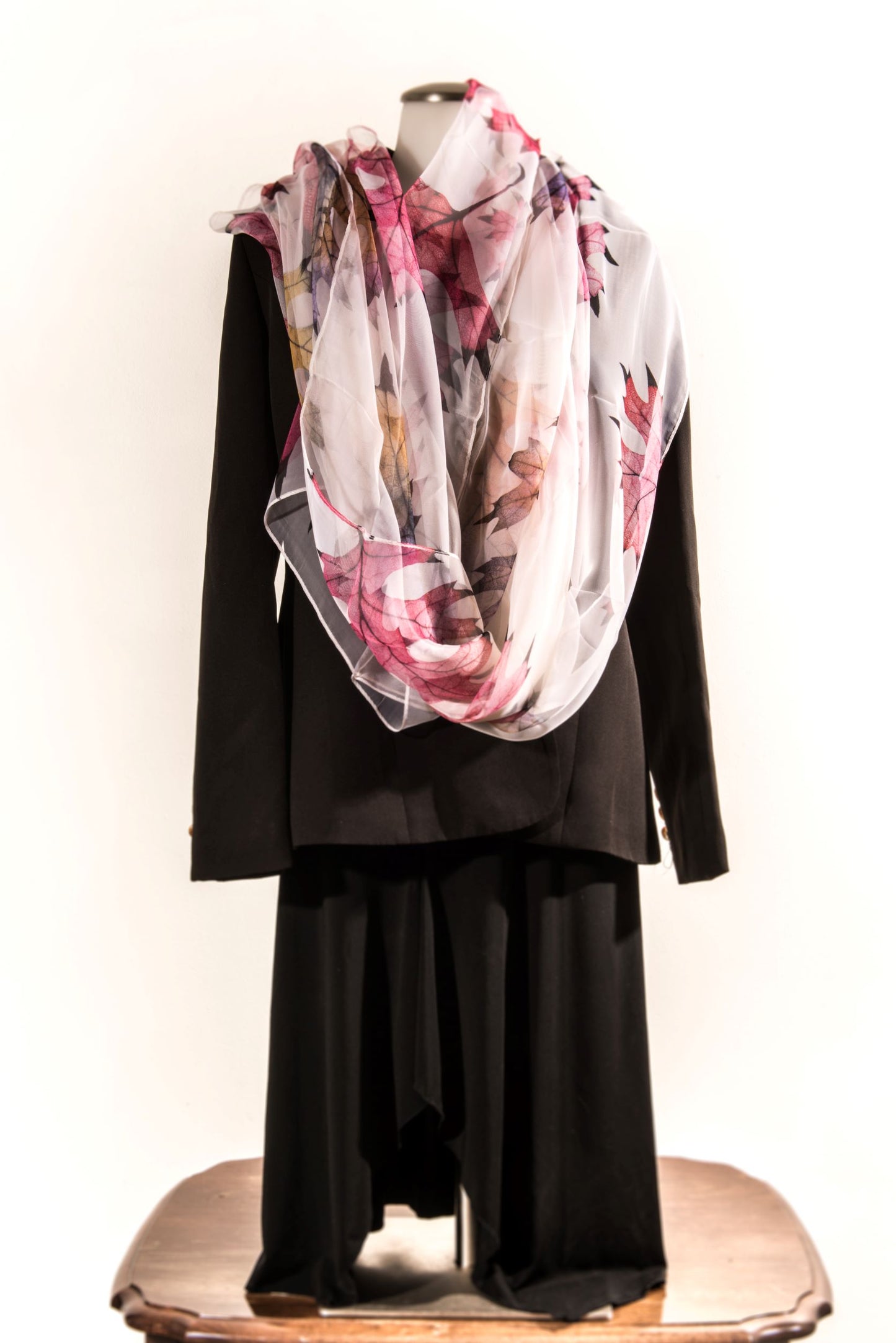 Cream Silk Scarf with Assorted Colored Leaves