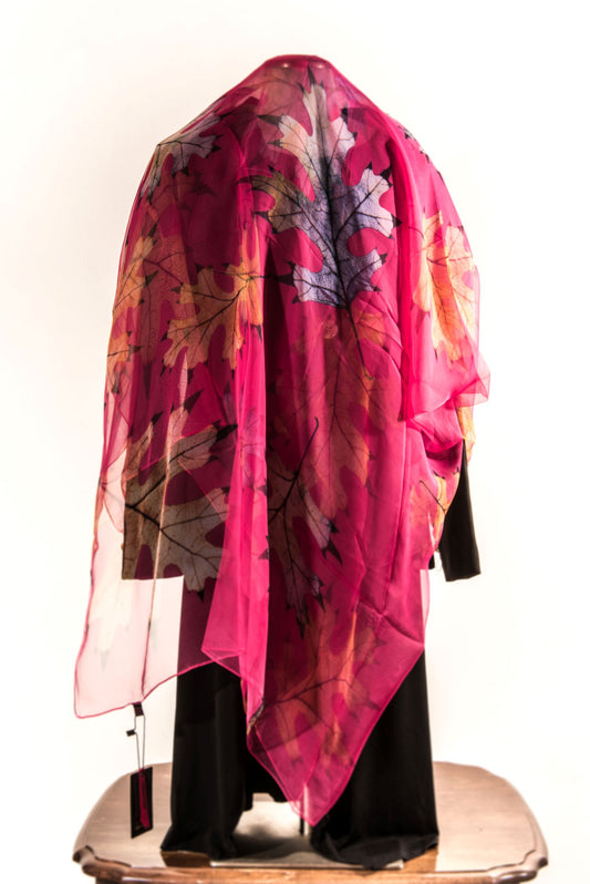 Dark Pink Silk Scarf with Assorted Colored Leaves
