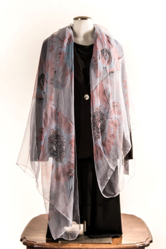 Light Gray with Peach, Aqua Blue & Black Floral Silk Scarf