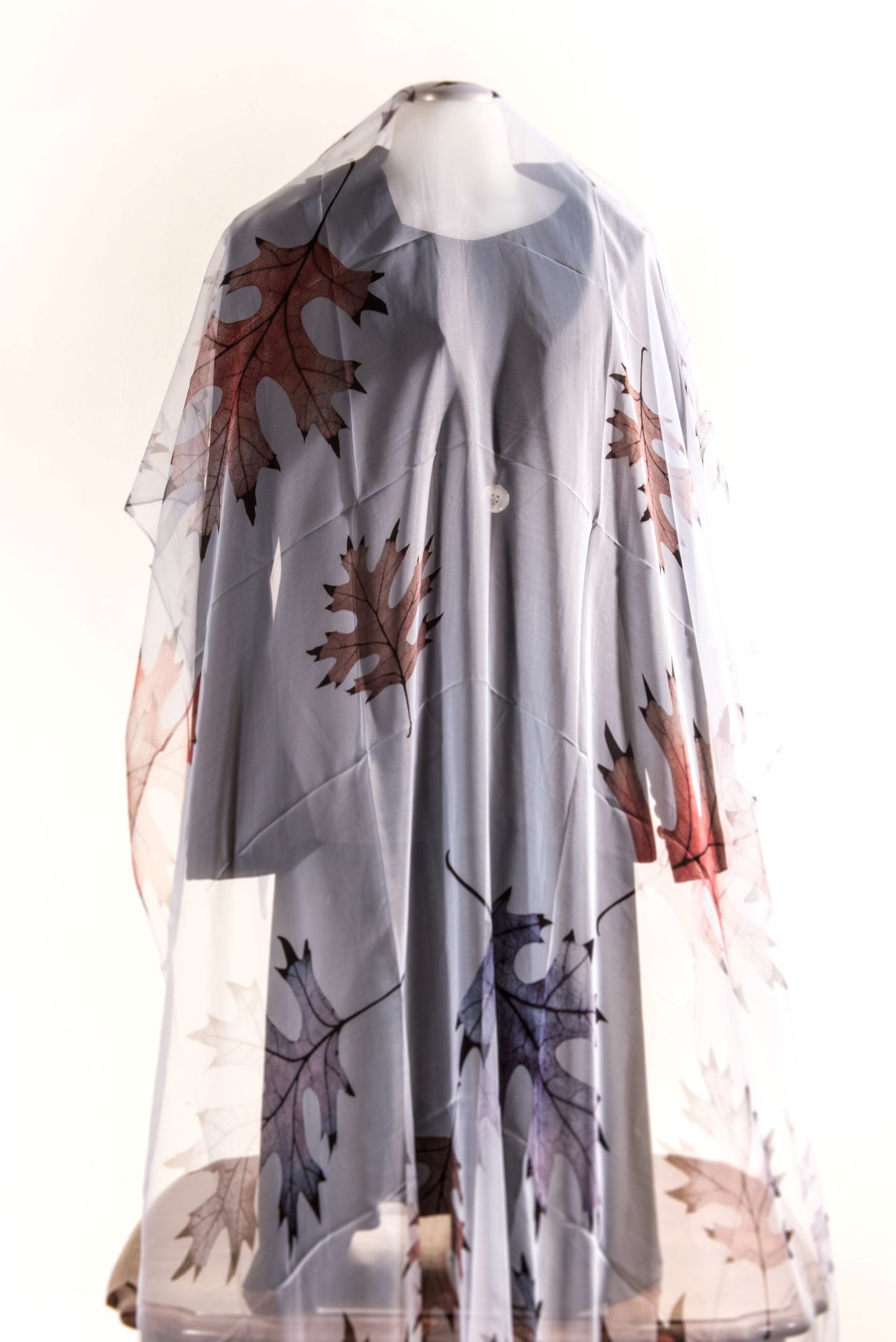 Grayish Blue Silk Scarf with Assorted Colored Leaves