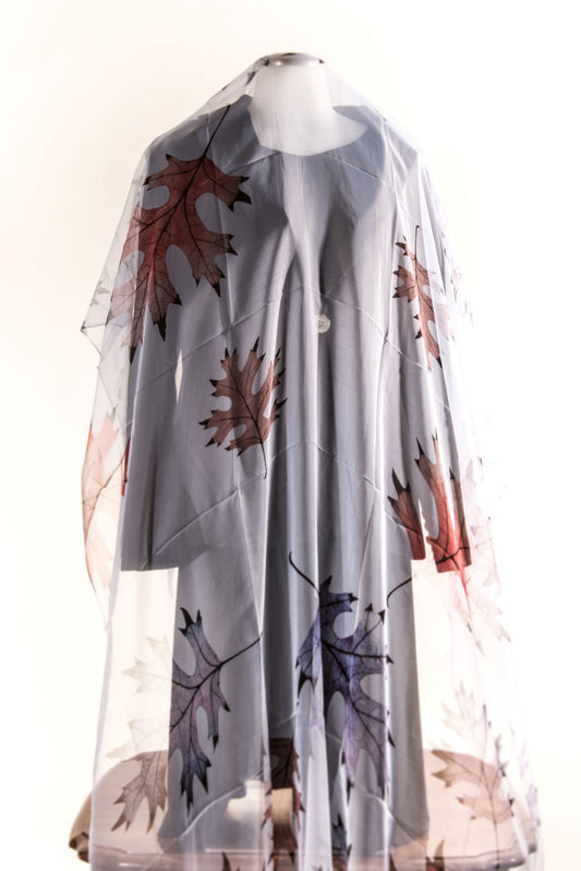 Grayish Blue Silk Scarf with Assorted Colored Leaves