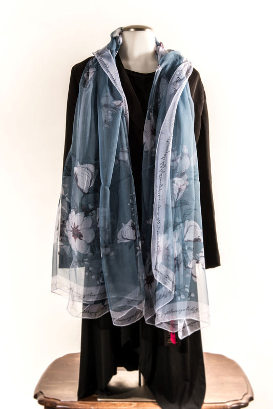 Grayish Blue with Florals Silk Scarf