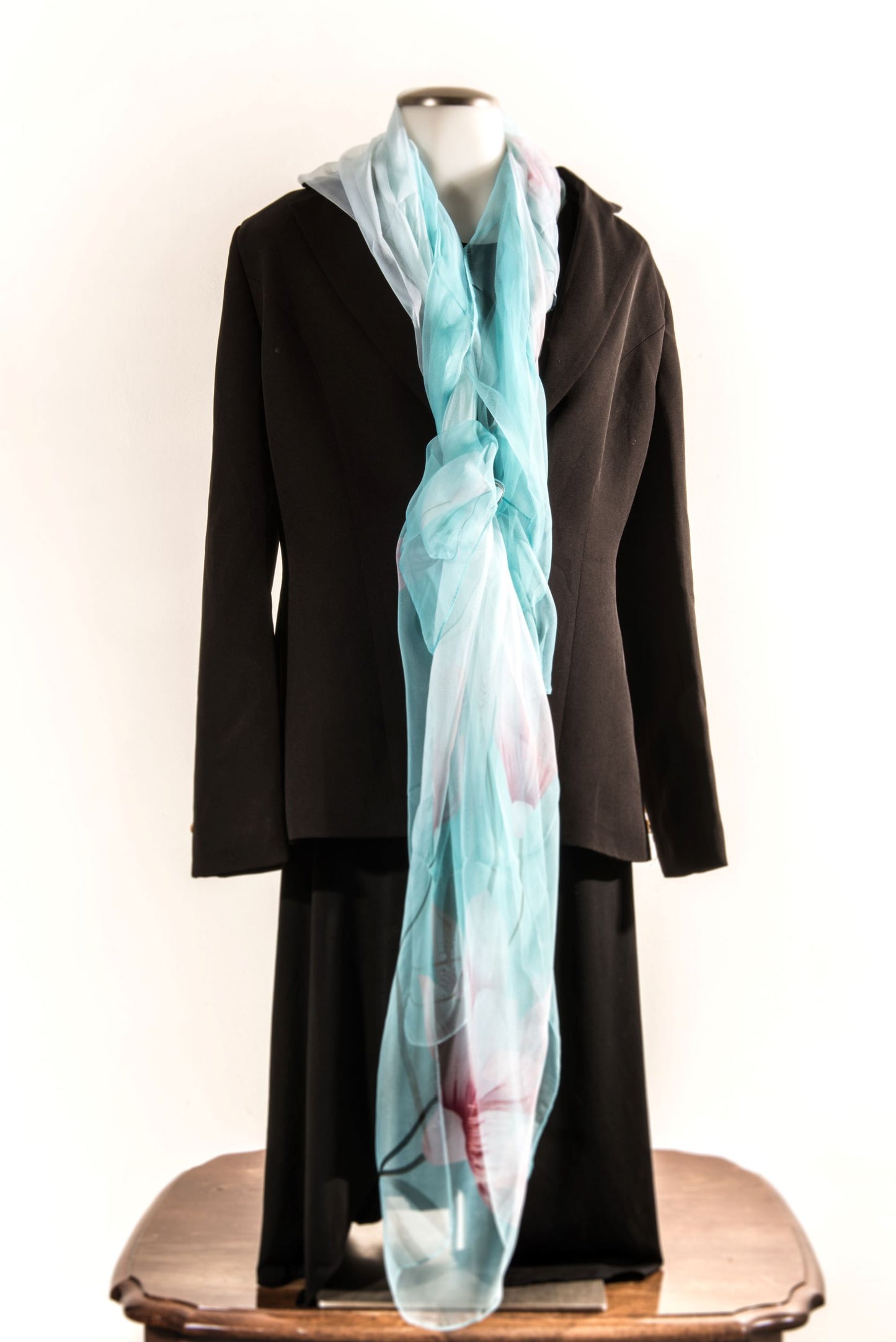 Aqua & Floral Silk Scarf