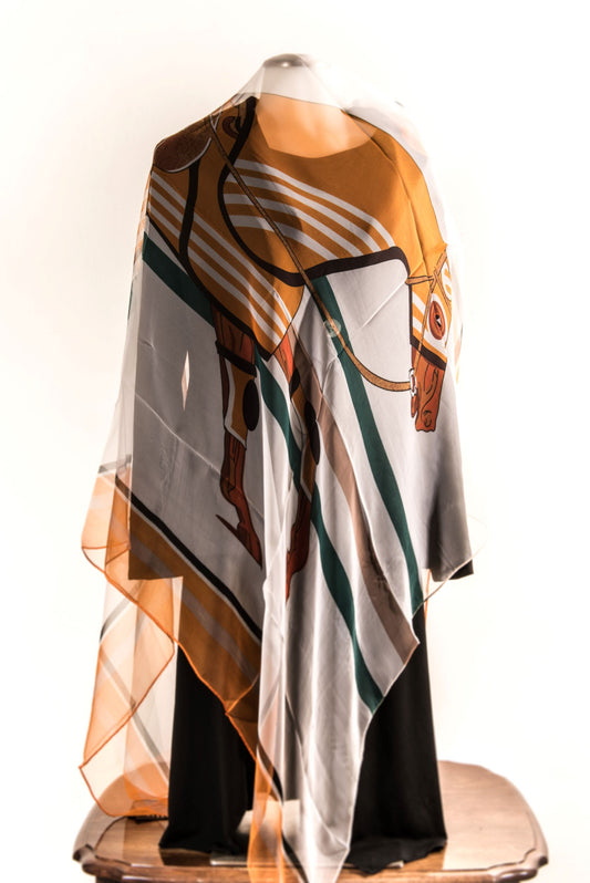 Horse - Orange, Cream and Brown Silk Scarf