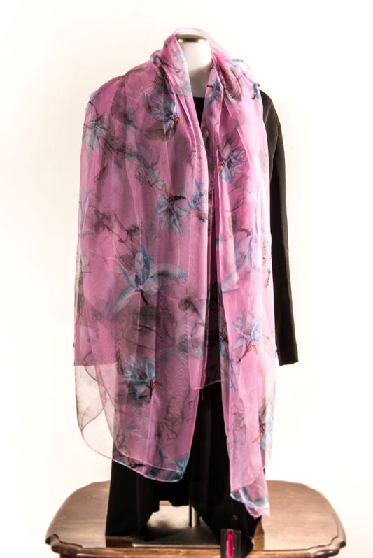 Hot Pink Silk Scarf with Florals