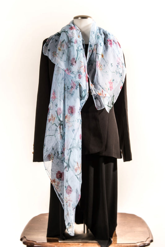 Light Blue Silk Scarf with Florals
