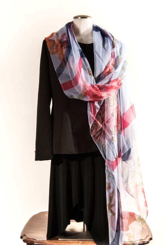 Light Blue with Red Flowers Silk Scarf