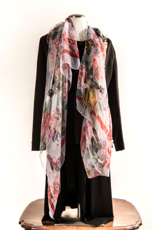 Light Cream Silk Scarf with Butterflies & Flowers