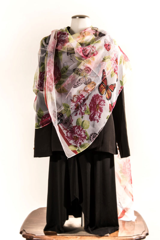 Light Grey with Butterflies & Flowers Silk Scarf