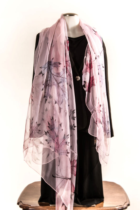 Light Pink Silk Scarf with Assorted Colored Leaves