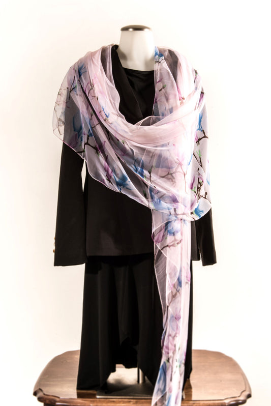 Light Pink Silk Scarf with Light Violet & Light Blue Florals