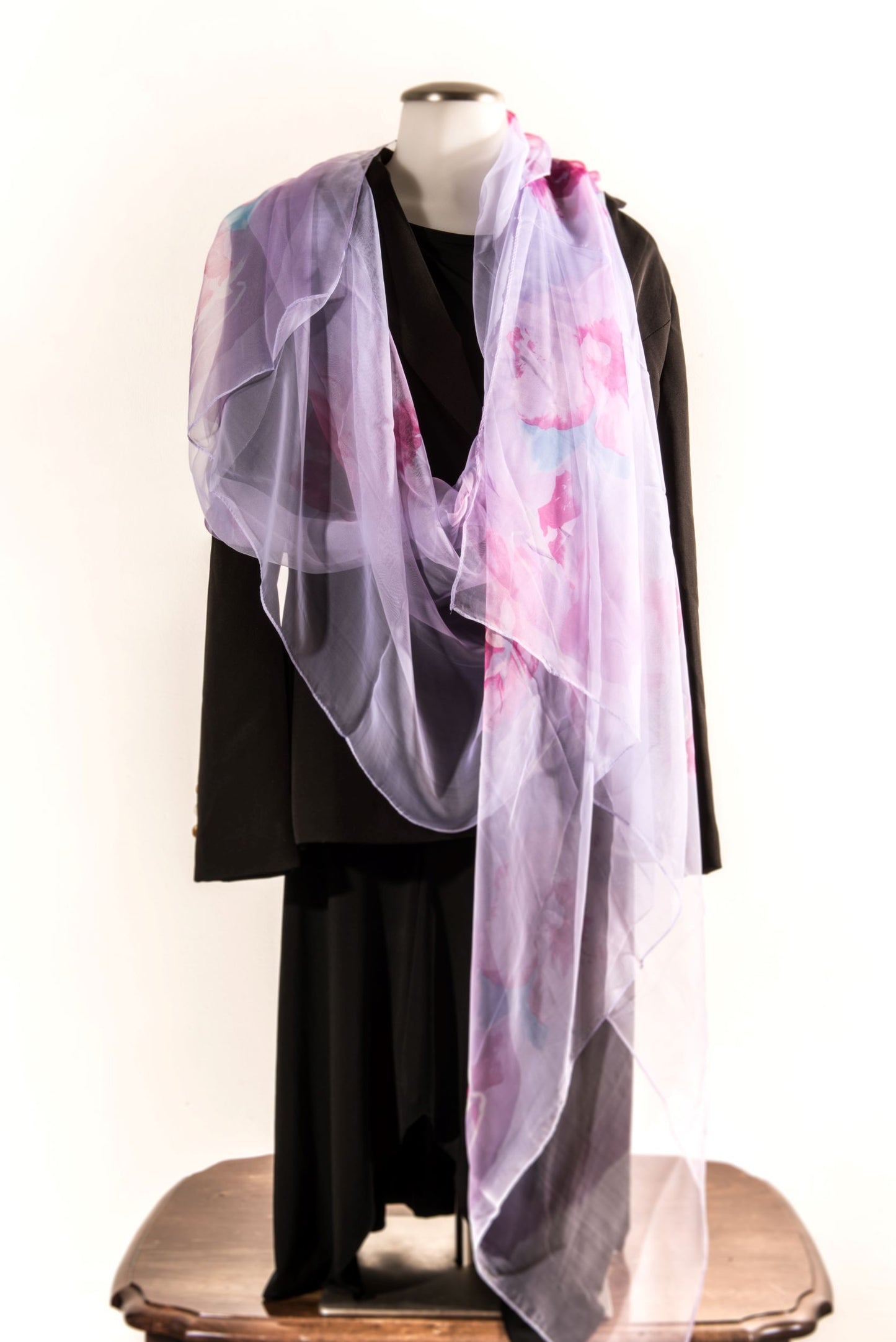 Light Purple Silk Scarf with Pink Florals