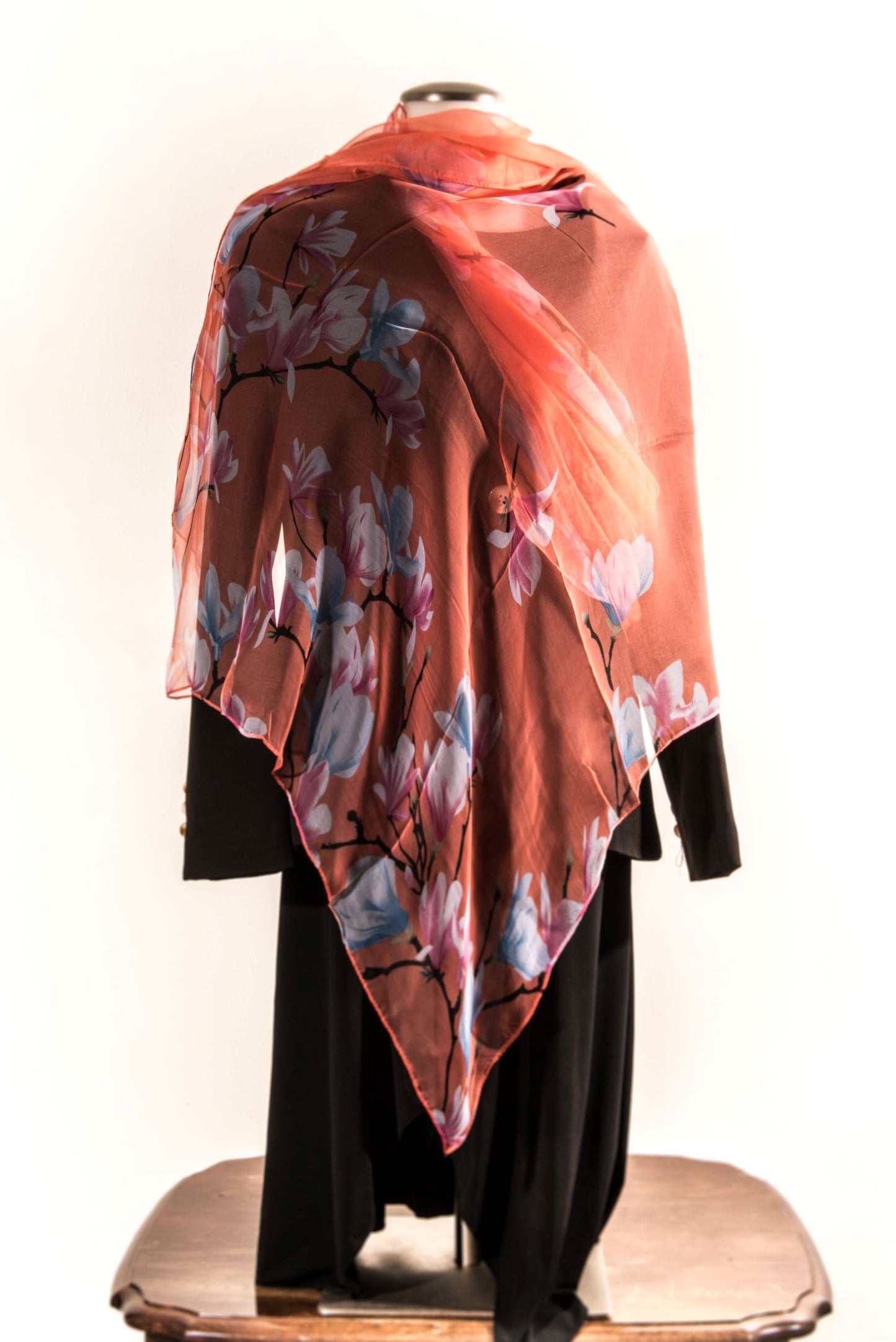 Orange Silk Scarf with Light Purple Flowers