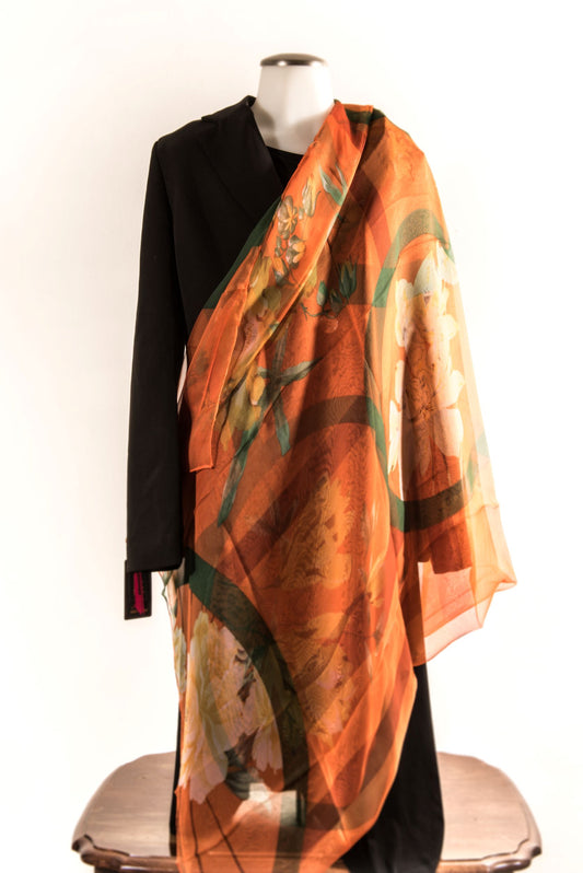 Orange with Yellowish Flowers Silk Scarf