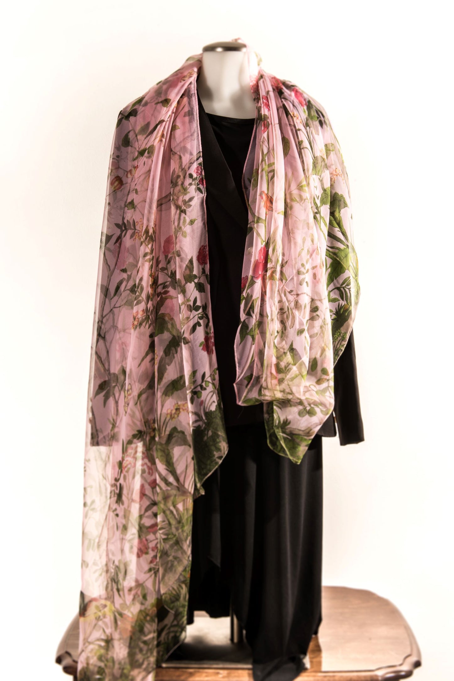 Pinkish Silk Scarf with Red Florals & Green Leaves