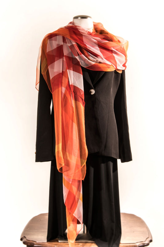 Orange Plaid Pattern Silk Scarf