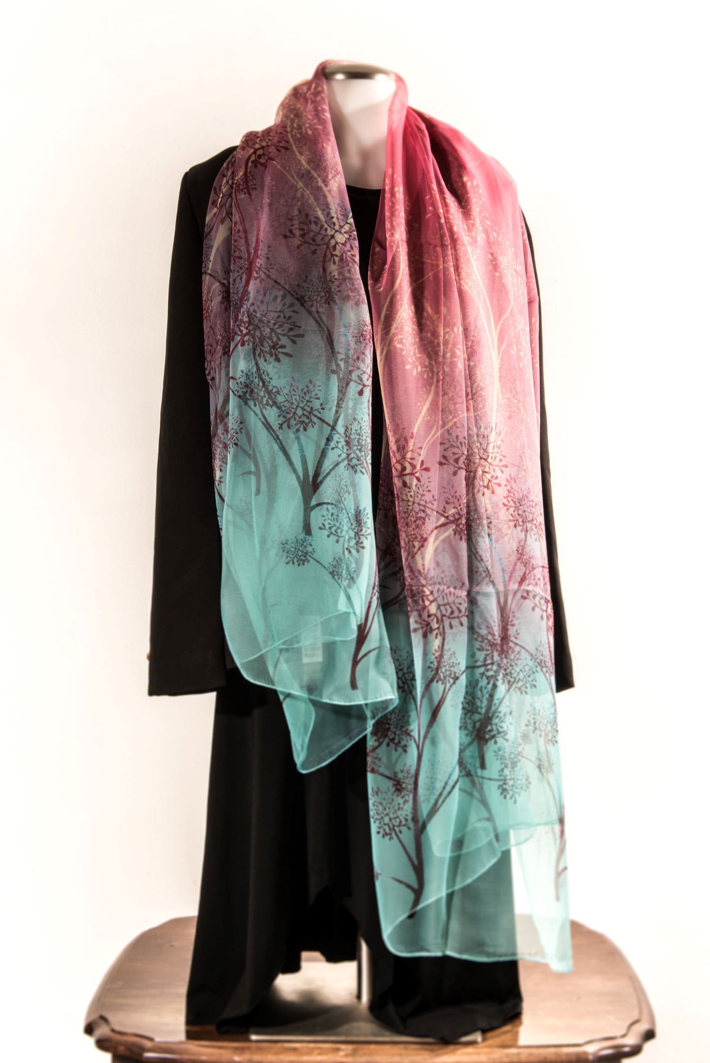 Shades of Green & Red with Branches & Leaves Silk Scarf