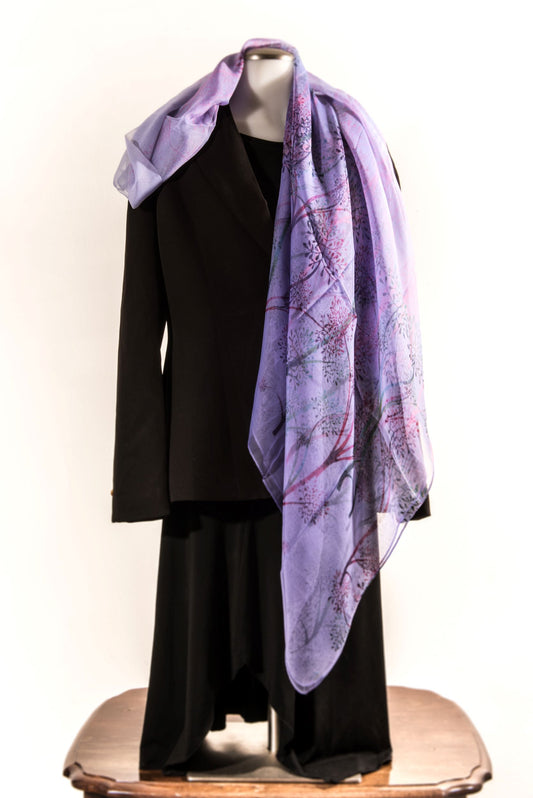 Shades of Violet with Branches & Leaves Silk Scarf