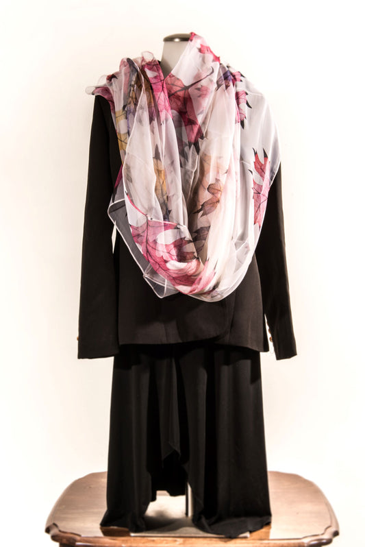 Cream Silk Scarf with Assorted Colored Leaves