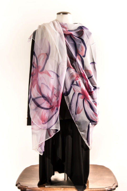 Cream Silk Scarf with Light Violet & Light Pink Florals