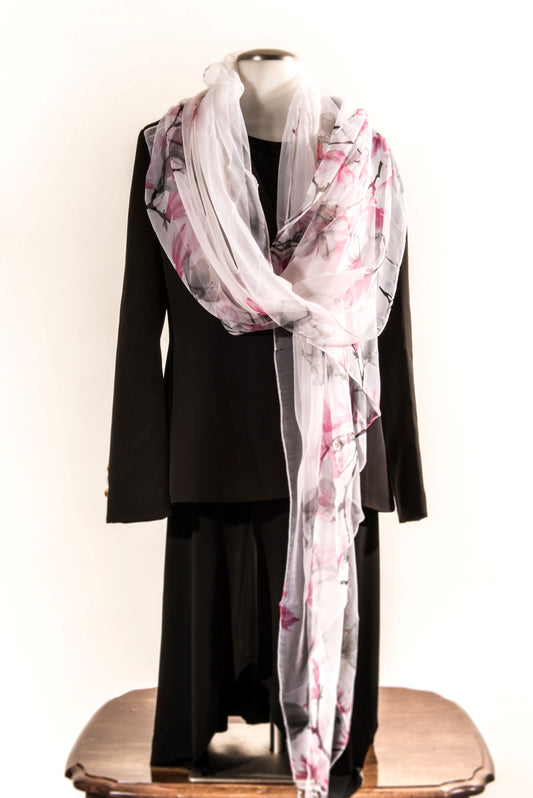 Cream Silk Scarf with Pink & Brown Florals