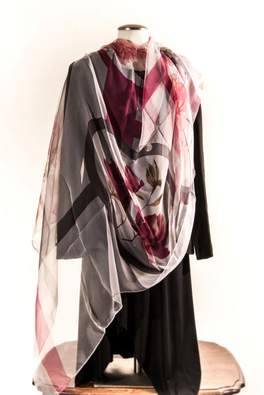 Cream Silk Scarf with Reddish & Purple Flowers