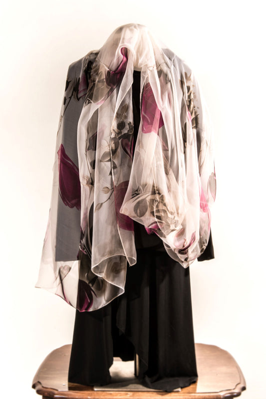 Cream Silk Scarf with Violet Tulips
